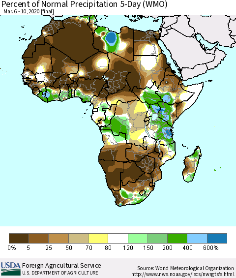 Africa Percent of Normal Precipitation 5-Day (WMO) Thematic Map For 3/6/2020 - 3/10/2020