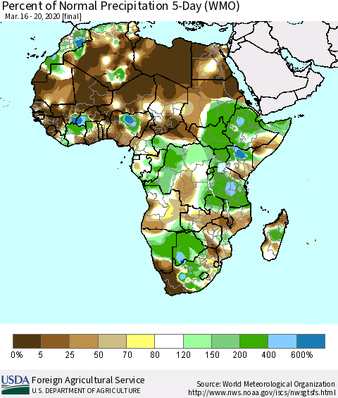 Africa Percent of Normal Precipitation 5-Day (WMO) Thematic Map For 3/16/2020 - 3/20/2020