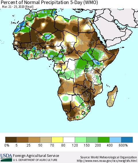 Africa Percent of Normal Precipitation 5-Day (WMO) Thematic Map For 3/21/2020 - 3/25/2020