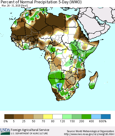 Africa Percent of Normal Precipitation 5-Day (WMO) Thematic Map For 3/26/2020 - 3/31/2020