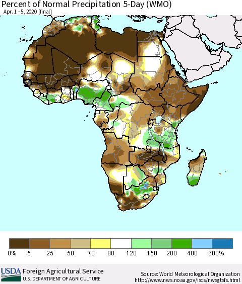 Africa Percent of Normal Precipitation 5-Day (WMO) Thematic Map For 4/1/2020 - 4/5/2020