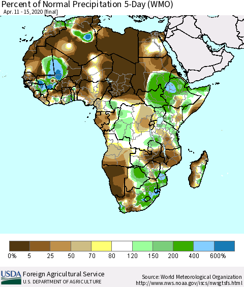 Africa Percent of Normal Precipitation 5-Day (WMO) Thematic Map For 4/11/2020 - 4/15/2020