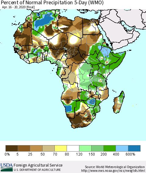 Africa Percent of Normal Precipitation 5-Day (WMO) Thematic Map For 4/16/2020 - 4/20/2020
