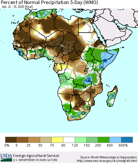 Africa Percent of Normal Precipitation 5-Day (WMO) Thematic Map For 4/21/2020 - 4/25/2020