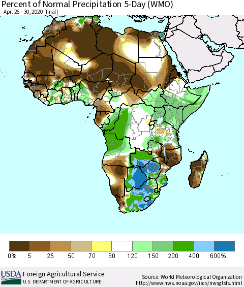 Africa Percent of Normal Precipitation 5-Day (WMO) Thematic Map For 4/26/2020 - 4/30/2020