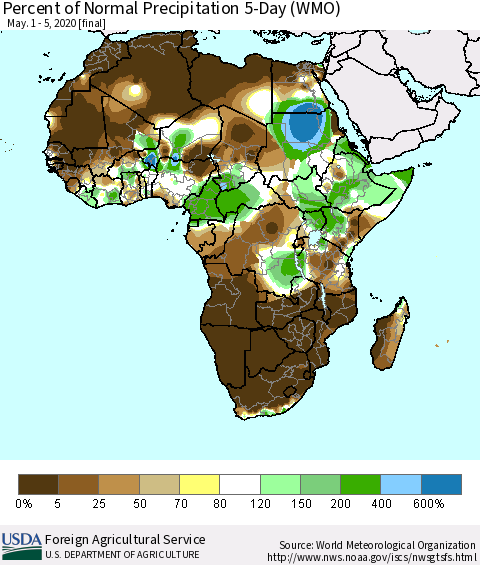 Africa Percent of Normal Precipitation 5-Day (WMO) Thematic Map For 5/1/2020 - 5/5/2020