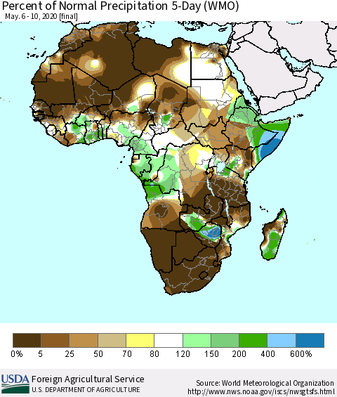 Africa Percent of Normal Precipitation 5-Day (WMO) Thematic Map For 5/6/2020 - 5/10/2020