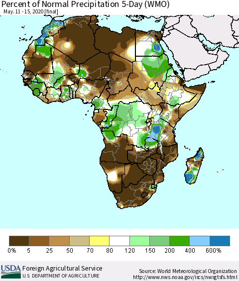 Africa Percent of Normal Precipitation 5-Day (WMO) Thematic Map For 5/11/2020 - 5/15/2020