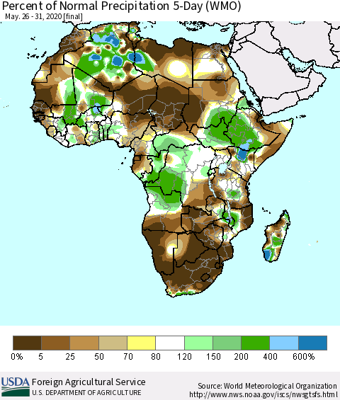 Africa Percent of Normal Precipitation 5-Day (WMO) Thematic Map For 5/26/2020 - 5/31/2020