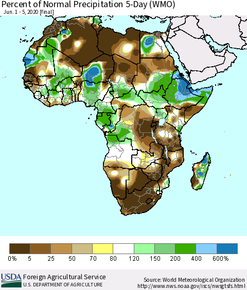 Africa Percent of Normal Precipitation 5-Day (WMO) Thematic Map For 6/1/2020 - 6/5/2020