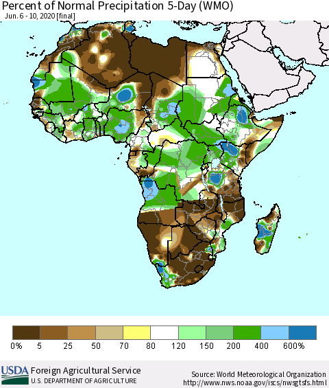 Africa Percent of Normal Precipitation 5-Day (WMO) Thematic Map For 6/6/2020 - 6/10/2020