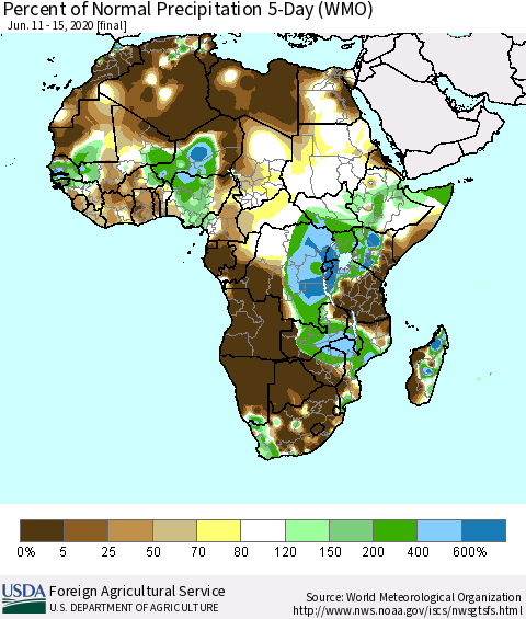 Africa Percent of Normal Precipitation 5-Day (WMO) Thematic Map For 6/11/2020 - 6/15/2020