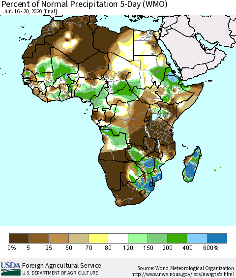 Africa Percent of Normal Precipitation 5-Day (WMO) Thematic Map For 6/16/2020 - 6/20/2020