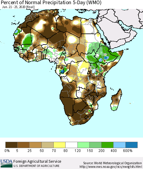 Africa Percent of Normal Precipitation 5-Day (WMO) Thematic Map For 6/21/2020 - 6/25/2020