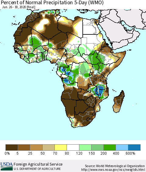 Africa Percent of Normal Precipitation 5-Day (WMO) Thematic Map For 6/26/2020 - 6/30/2020