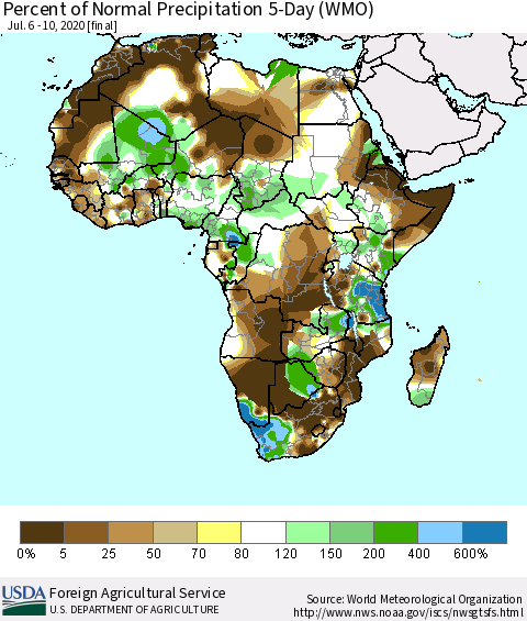 Africa Percent of Normal Precipitation 5-Day (WMO) Thematic Map For 7/6/2020 - 7/10/2020