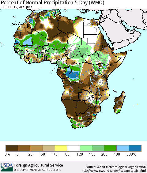 Africa Percent of Normal Precipitation 5-Day (WMO) Thematic Map For 7/11/2020 - 7/15/2020
