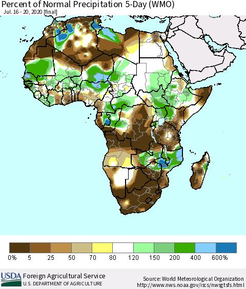 Africa Percent of Normal Precipitation 5-Day (WMO) Thematic Map For 7/16/2020 - 7/20/2020