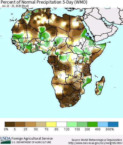Africa Percent of Normal Precipitation 5-Day (WMO) Thematic Map For 7/21/2020 - 7/25/2020