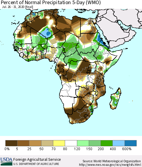 Africa Percent of Normal Precipitation 5-Day (WMO) Thematic Map For 7/26/2020 - 7/31/2020