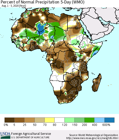 Africa Percent of Normal Precipitation 5-Day (WMO) Thematic Map For 8/1/2020 - 8/5/2020