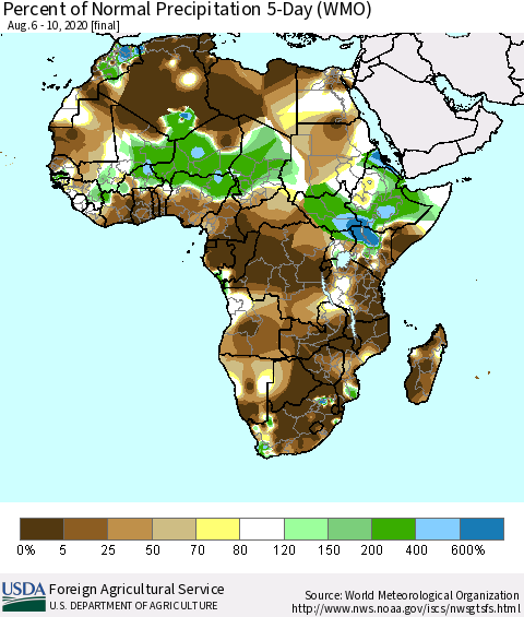 Africa Percent of Normal Precipitation 5-Day (WMO) Thematic Map For 8/6/2020 - 8/10/2020