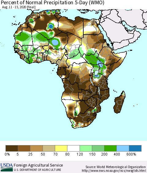 Africa Percent of Normal Precipitation 5-Day (WMO) Thematic Map For 8/11/2020 - 8/15/2020