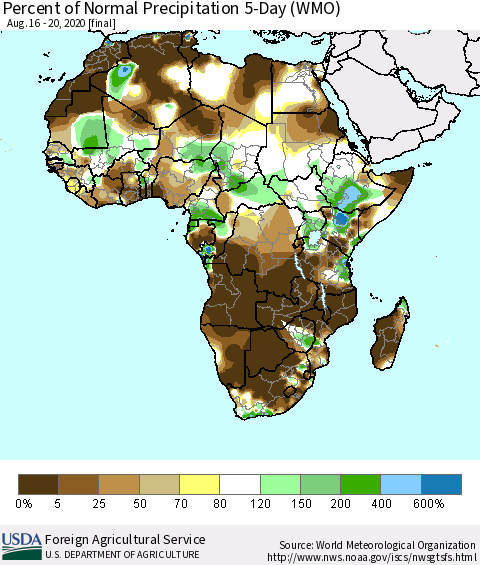 Africa Percent of Normal Precipitation 5-Day (WMO) Thematic Map For 8/16/2020 - 8/20/2020