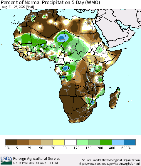 Africa Percent of Normal Precipitation 5-Day (WMO) Thematic Map For 8/21/2020 - 8/25/2020