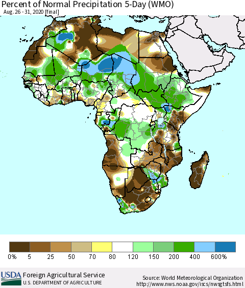 Africa Percent of Normal Precipitation 5-Day (WMO) Thematic Map For 8/26/2020 - 8/31/2020