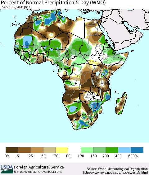 Africa Percent of Normal Precipitation 5-Day (WMO) Thematic Map For 9/1/2020 - 9/5/2020