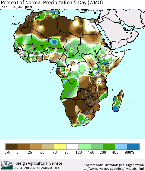 Africa Percent of Normal Precipitation 5-Day (WMO) Thematic Map For 9/6/2020 - 9/10/2020