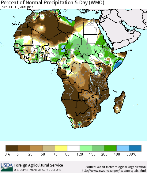 Africa Percent of Normal Precipitation 5-Day (WMO) Thematic Map For 9/11/2020 - 9/15/2020