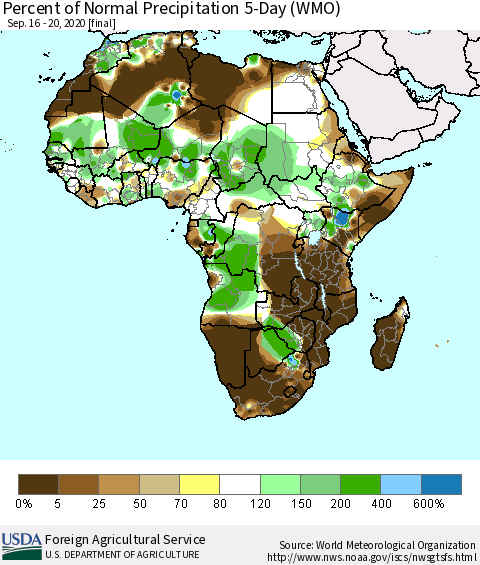 Africa Percent of Normal Precipitation 5-Day (WMO) Thematic Map For 9/16/2020 - 9/20/2020