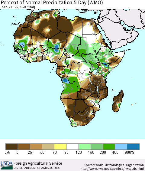 Africa Percent of Normal Precipitation 5-Day (WMO) Thematic Map For 9/21/2020 - 9/25/2020