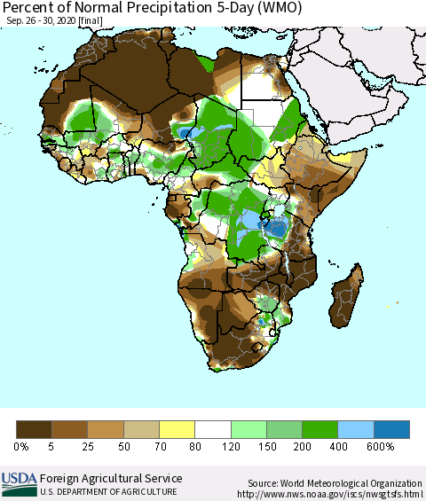 Africa Percent of Normal Precipitation 5-Day (WMO) Thematic Map For 9/26/2020 - 9/30/2020