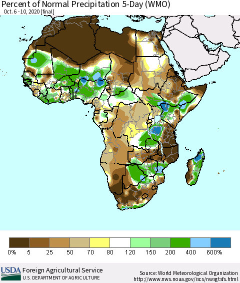 Africa Percent of Normal Precipitation 5-Day (WMO) Thematic Map For 10/6/2020 - 10/10/2020