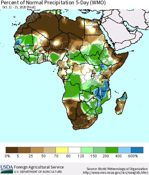 Africa Percent of Normal Precipitation 5-Day (WMO) Thematic Map For 10/11/2020 - 10/15/2020