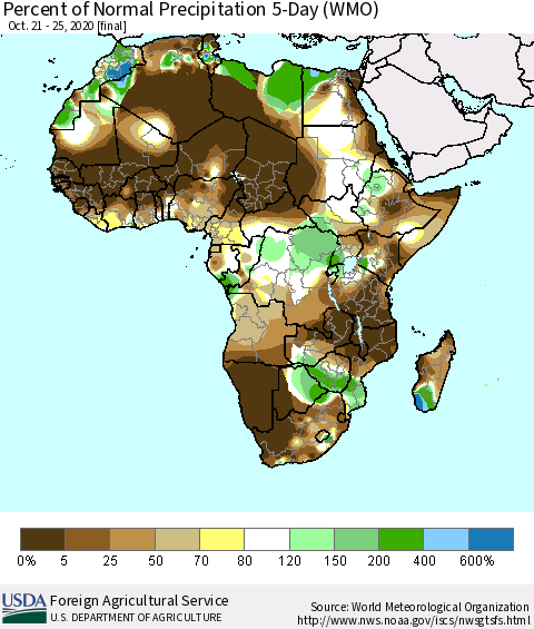 Africa Percent of Normal Precipitation 5-Day (WMO) Thematic Map For 10/21/2020 - 10/25/2020