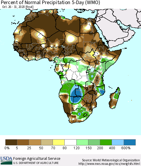 Africa Percent of Normal Precipitation 5-Day (WMO) Thematic Map For 10/26/2020 - 10/31/2020