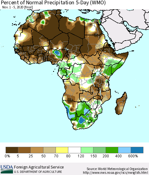 Africa Percent of Normal Precipitation 5-Day (WMO) Thematic Map For 11/1/2020 - 11/5/2020