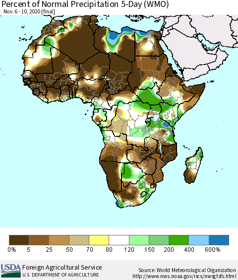 Africa Percent of Normal Precipitation 5-Day (WMO) Thematic Map For 11/6/2020 - 11/10/2020