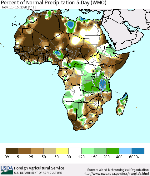 Africa Percent of Normal Precipitation 5-Day (WMO) Thematic Map For 11/11/2020 - 11/15/2020