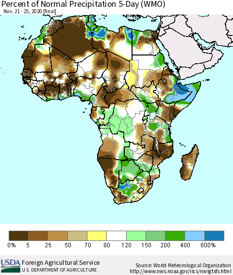 Africa Percent of Normal Precipitation 5-Day (WMO) Thematic Map For 11/21/2020 - 11/25/2020
