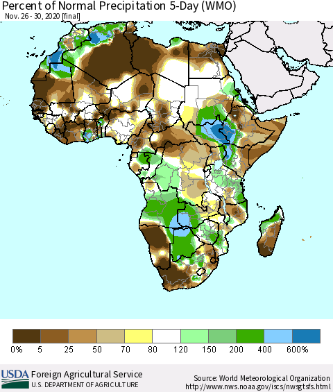 Africa Percent of Normal Precipitation 5-Day (WMO) Thematic Map For 11/26/2020 - 11/30/2020