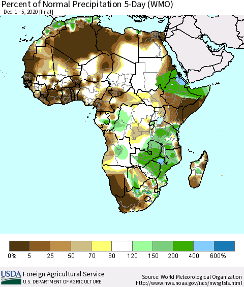 Africa Percent of Normal Precipitation 5-Day (WMO) Thematic Map For 12/1/2020 - 12/5/2020