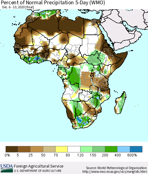 Africa Percent of Normal Precipitation 5-Day (WMO) Thematic Map For 12/6/2020 - 12/10/2020