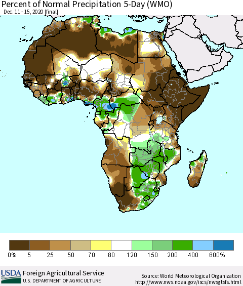 Africa Percent of Normal Precipitation 5-Day (WMO) Thematic Map For 12/11/2020 - 12/15/2020