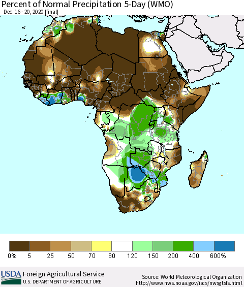 Africa Percent of Normal Precipitation 5-Day (WMO) Thematic Map For 12/16/2020 - 12/20/2020