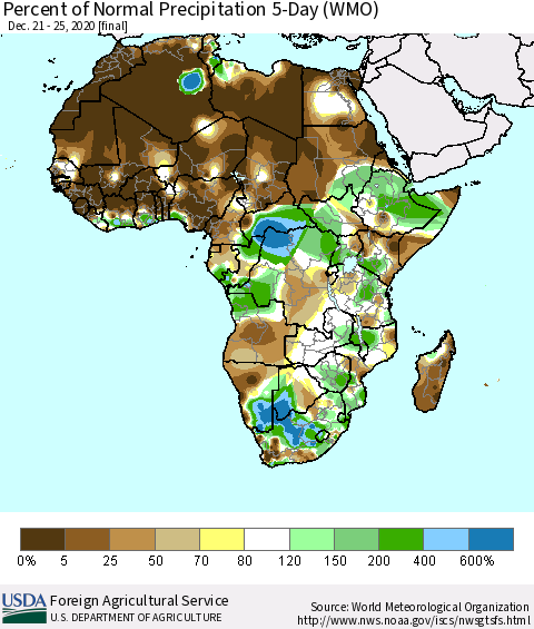Africa Percent of Normal Precipitation 5-Day (WMO) Thematic Map For 12/21/2020 - 12/25/2020